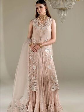 Blush Pink Embroidered Maxi Dress with Sheer Dupatta
